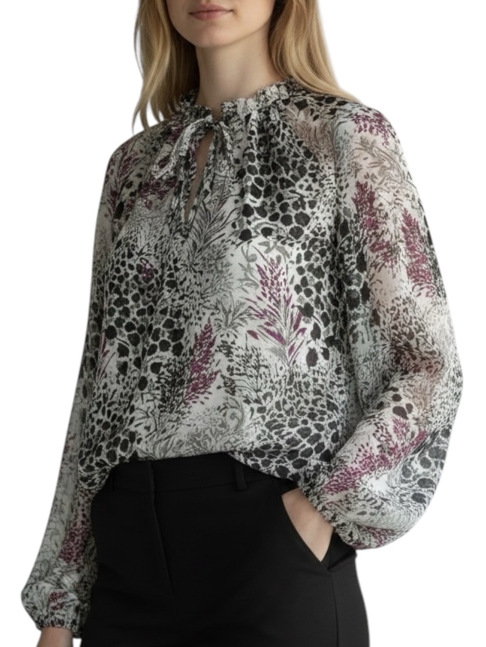 NWT WHITE HOUSE BLACK MARKET Floral Long Sheer Sleeve Lined Blouse Size Medium